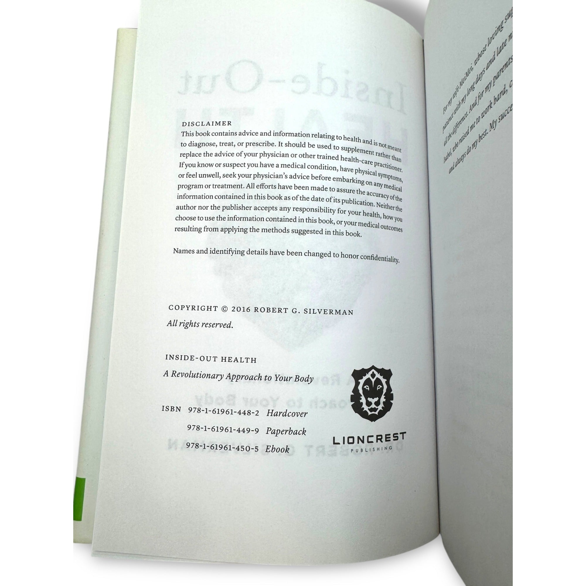 Inside-Out Health By Dr. Robert G. Silverman Hardcover