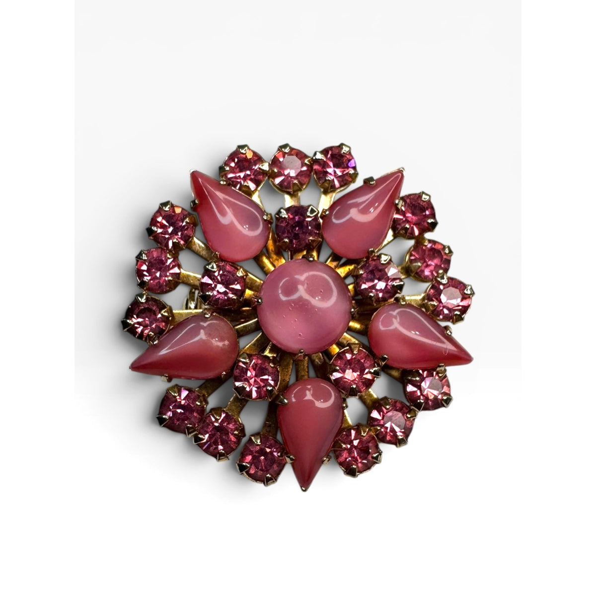 Pink Satin Glass & Crystal Floral Brooch Gold Tone Pin Vintage 1950s