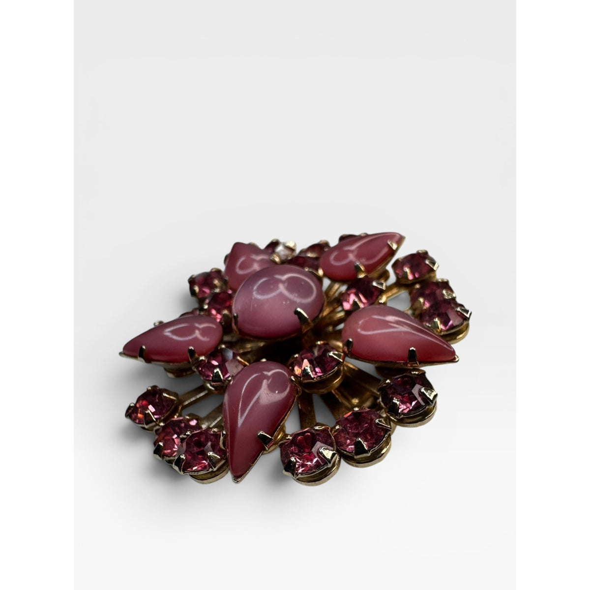 Pink Satin Glass & Crystal Floral Brooch Gold Tone Pin Vintage 1950s