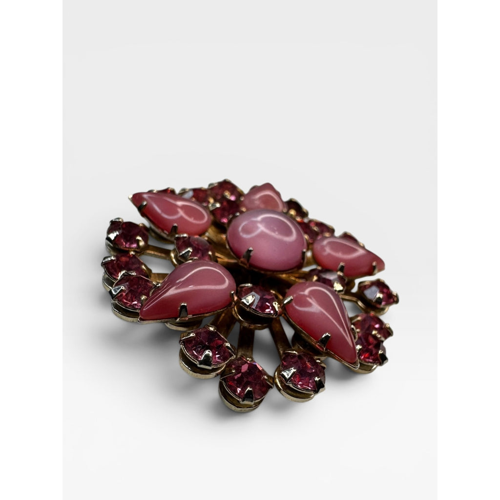 Pink Satin Glass & Crystal Floral Brooch Gold Tone Pin Vintage 1950s