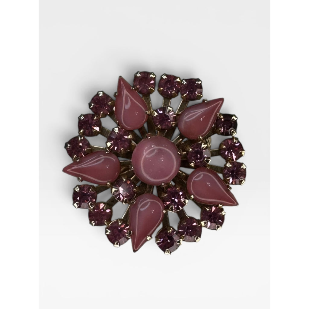 Pink Satin Glass & Crystal Floral Brooch Gold Tone Pin Vintage 1950s