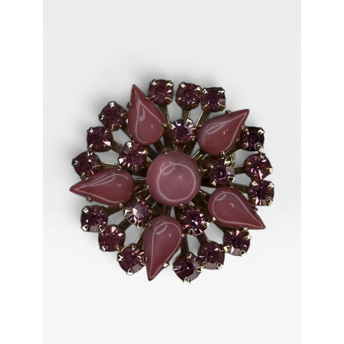 Pink Satin Glass & Crystal Floral Brooch Gold Tone Pin Vintage 1950s
