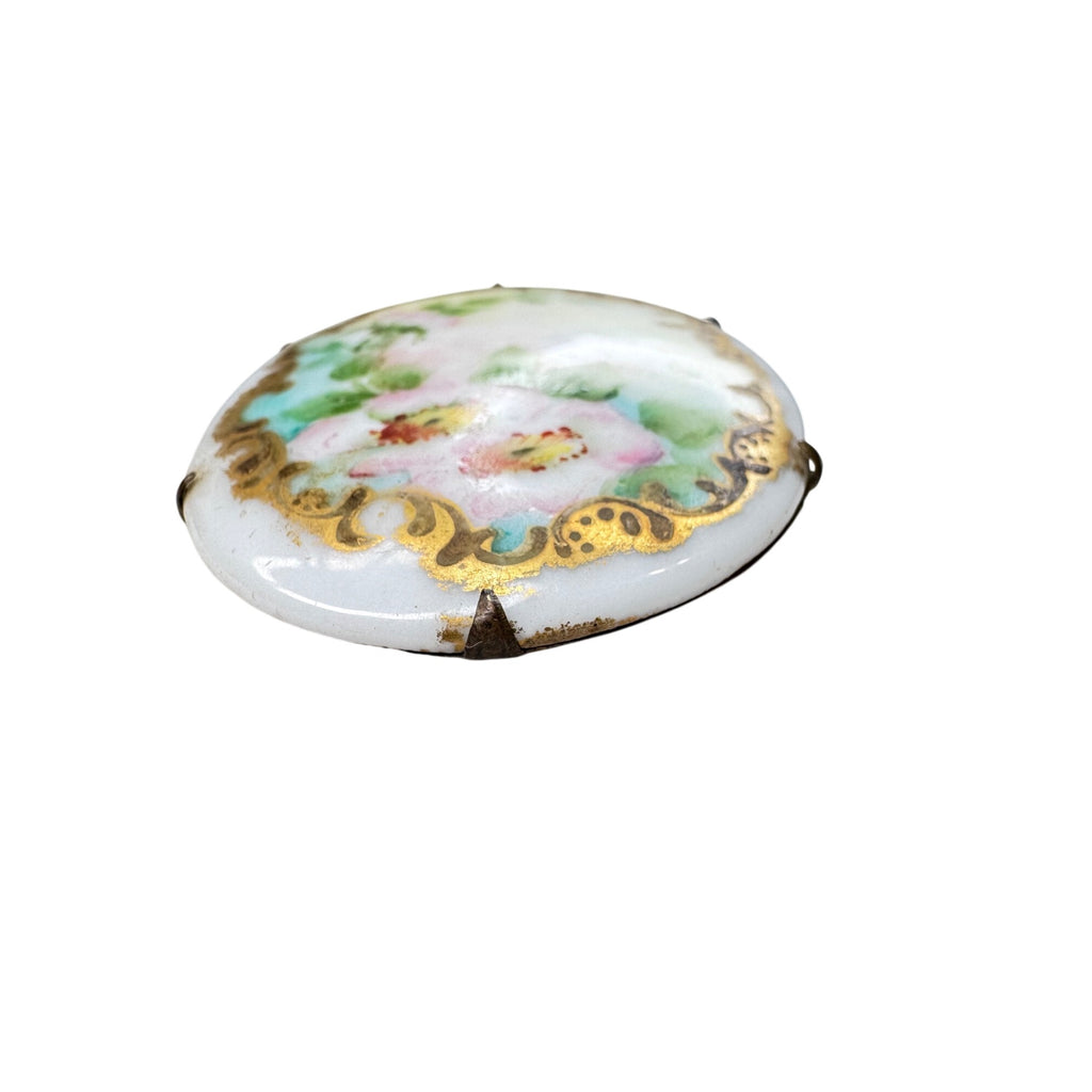 Unsigned Hand Painted Porcelain Brooch Floral Gold Scroll Victorian Antique