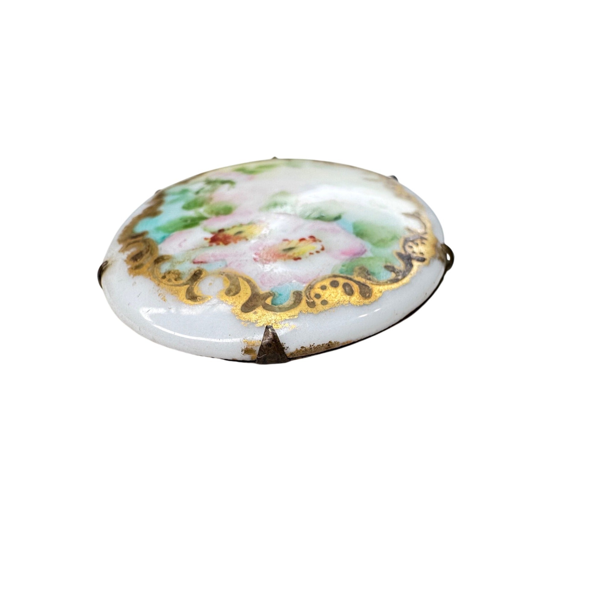 Unsigned Hand Painted Porcelain Brooch Floral Gold Scroll Victorian Antique