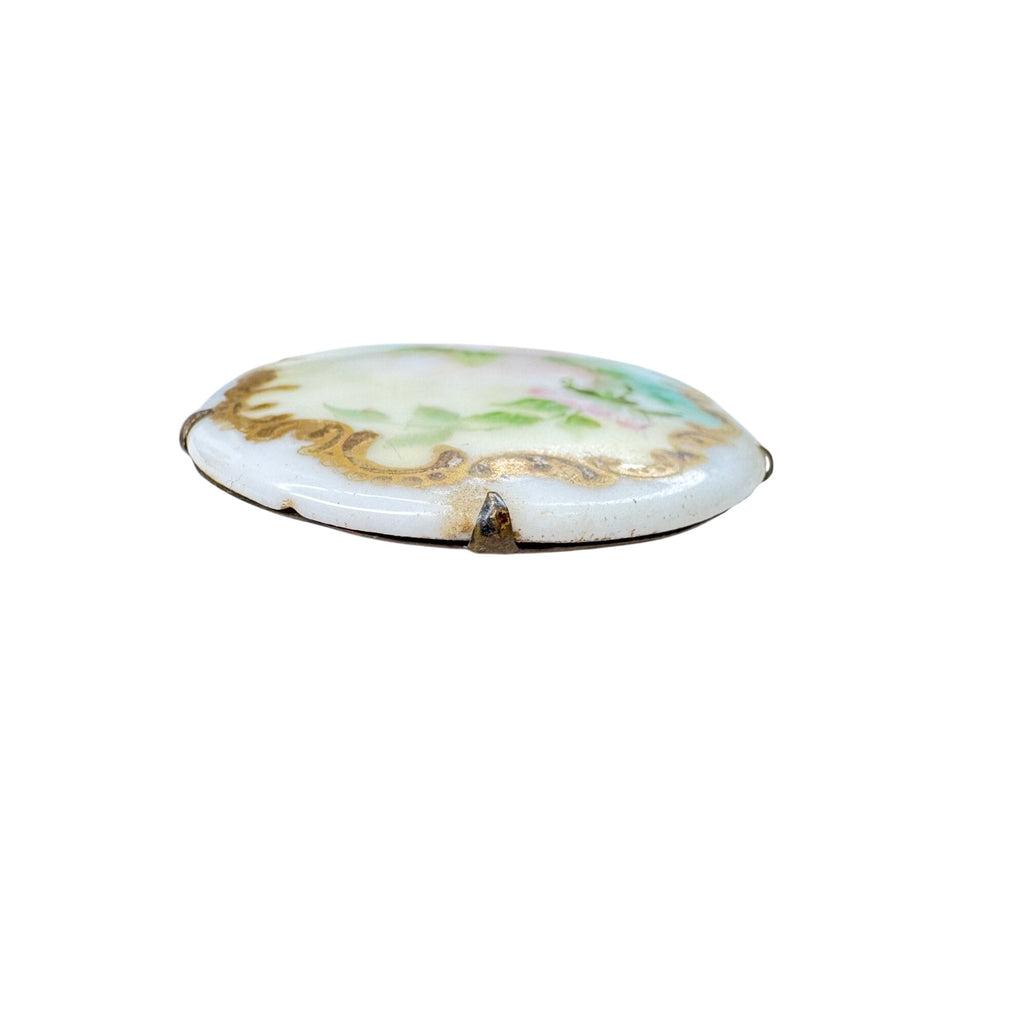 Unsigned Hand Painted Porcelain Brooch Floral Gold Scroll Victorian Antique