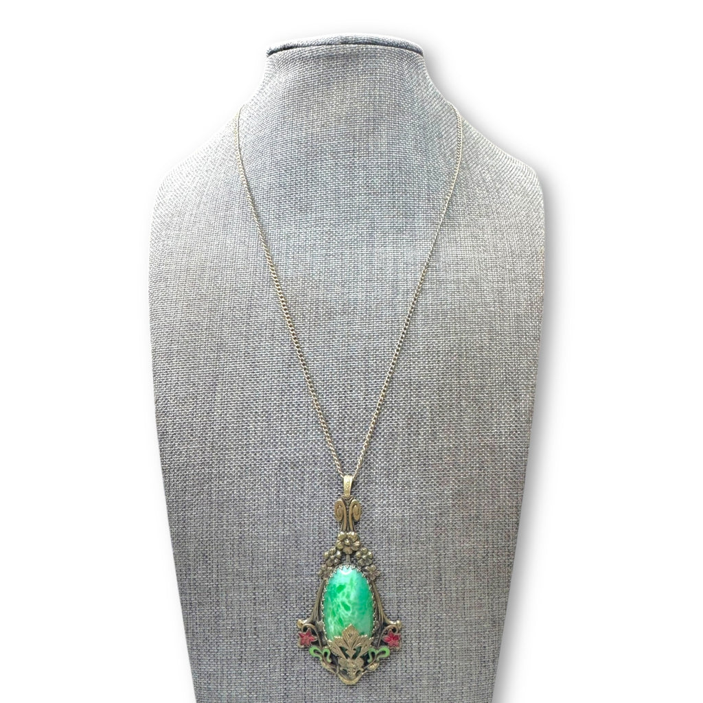 Art Deco Czech Brass Pendant Necklace Green Peking Glass 17.5 inches GF Brass