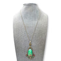 Art Deco Czech Brass Pendant Necklace Green Peking Glass 17.5 inches GF Brass
