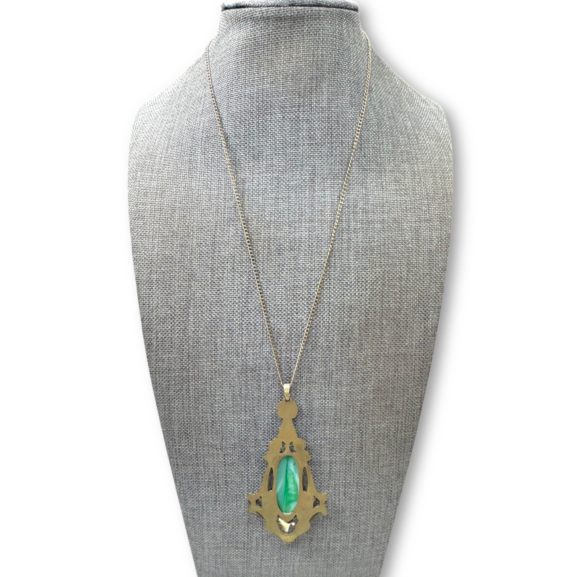 Art Deco Czech Brass Pendant Necklace Green Peking Glass 17.5 inches GF Brass
