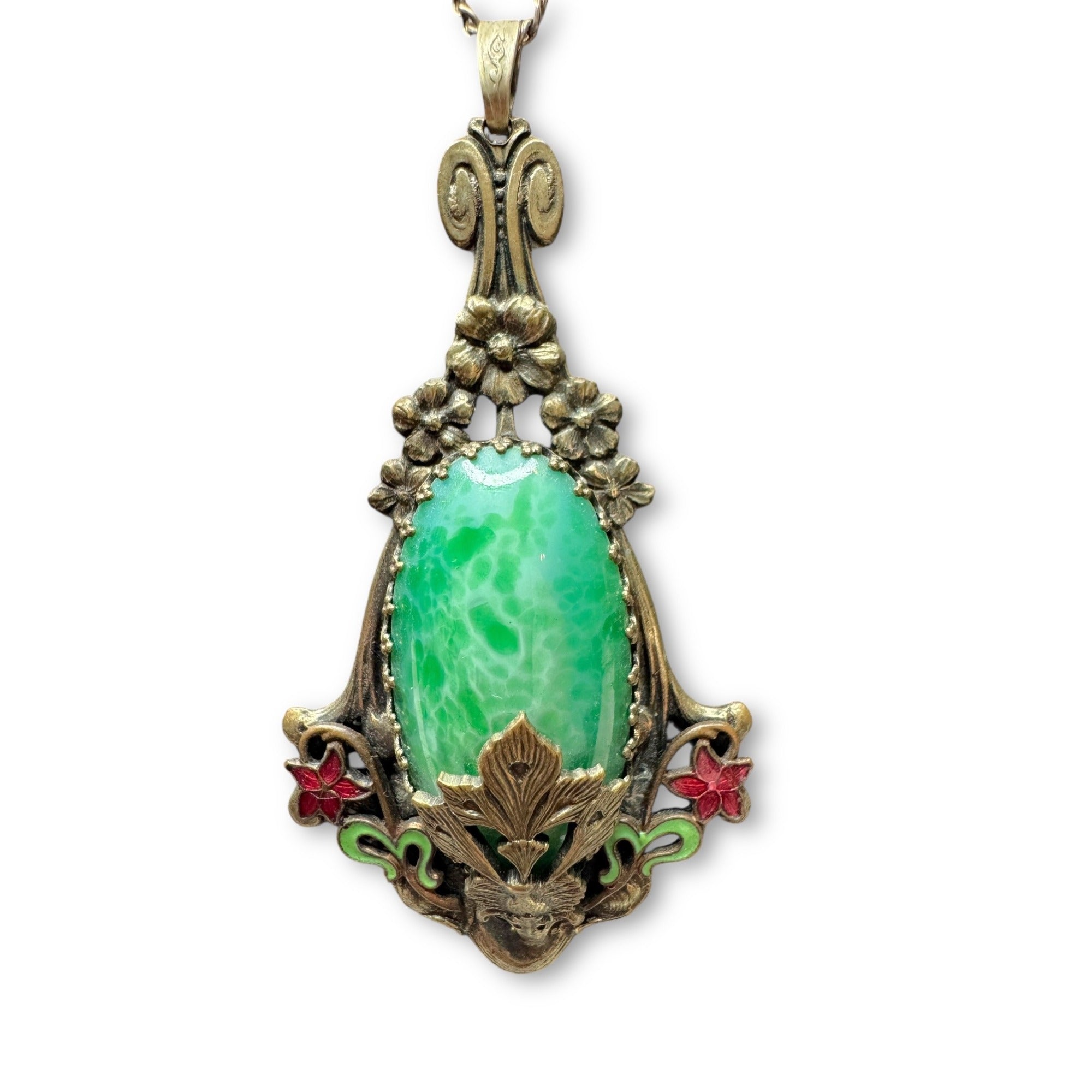Art Deco Czech Brass Pendant Necklace Green Peking Glass 17.5 inches GF Brass
