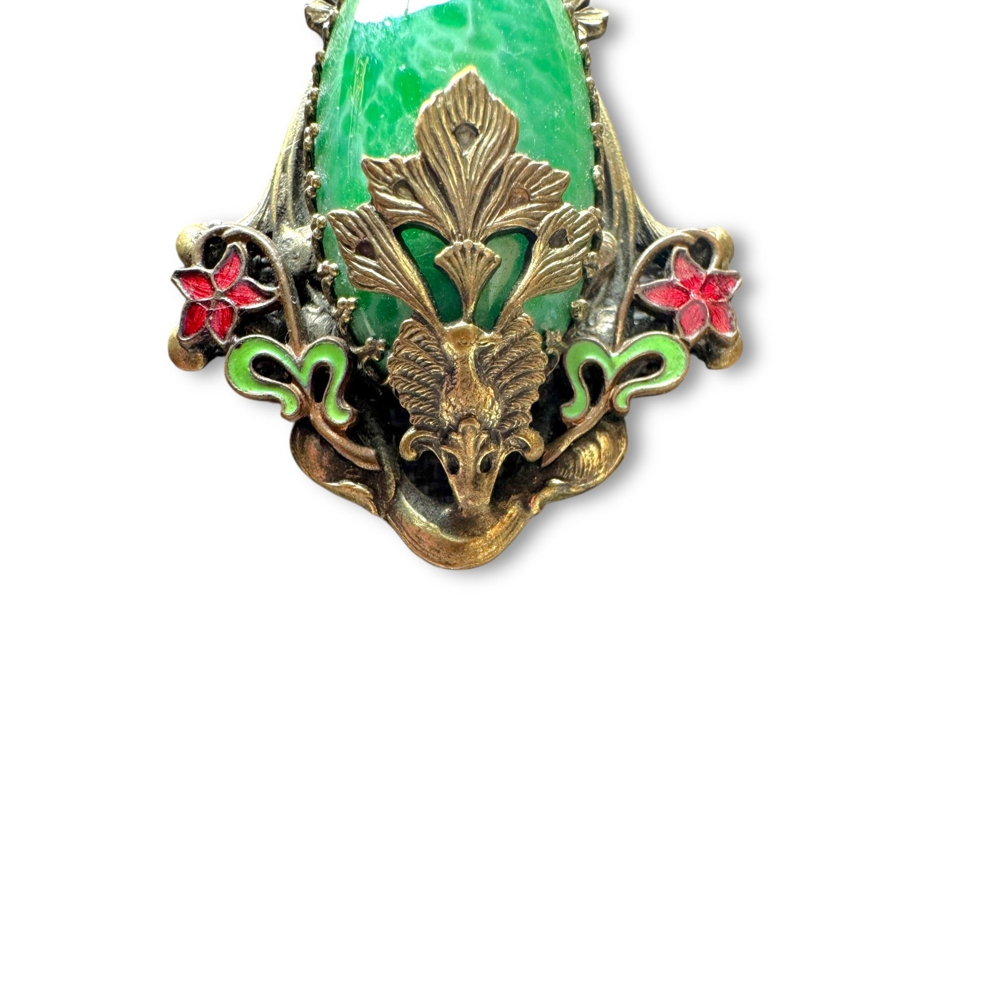 Art Deco Czech Brass Pendant Necklace Green Peking Glass 17.5 inches GF Brass