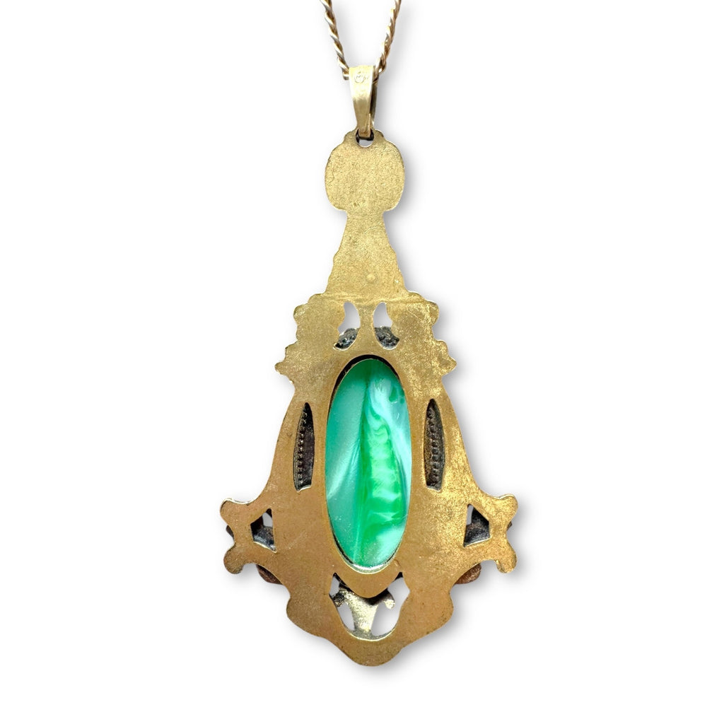 Art Deco Czech Brass Pendant Necklace Green Peking Glass 17.5 inches GF Brass