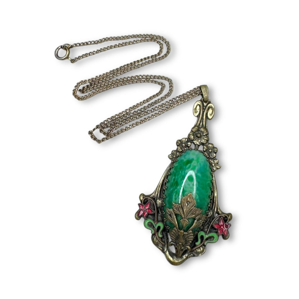 Art Deco Czech Brass Pendant Necklace Green Peking Glass 17.5 inches GF Brass