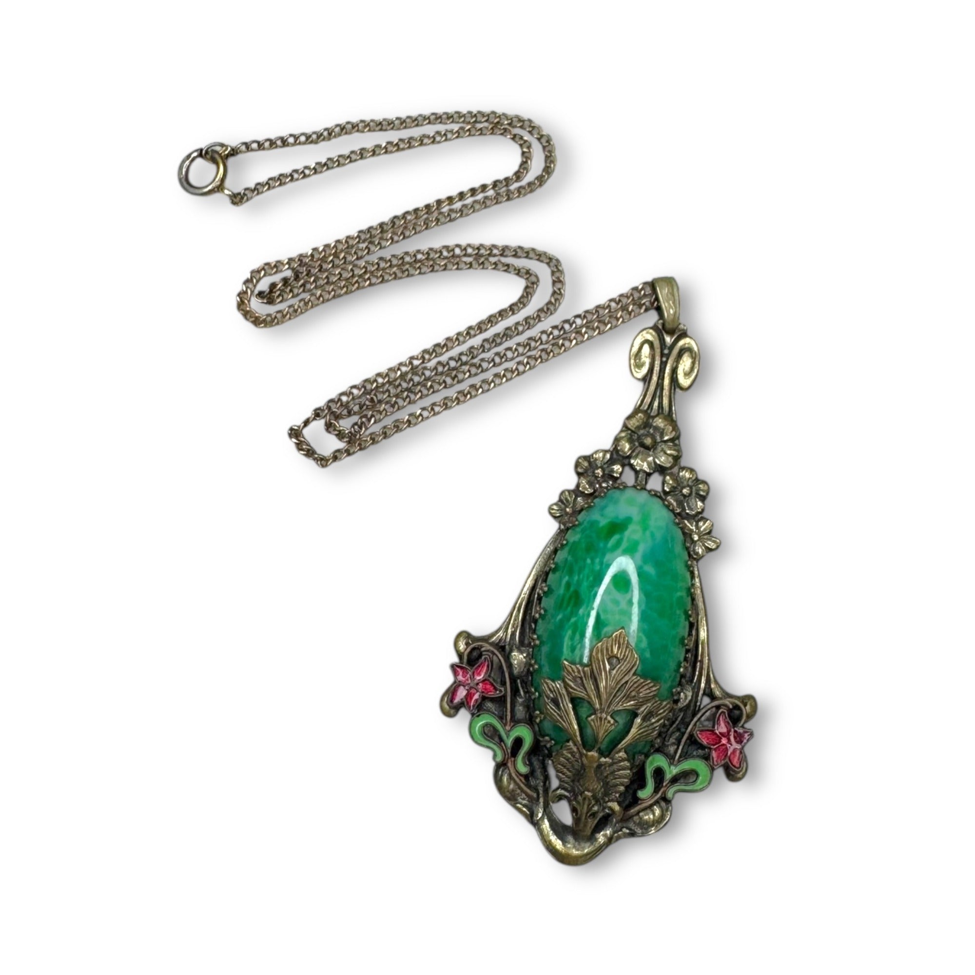 Art Deco Czech Brass Pendant Necklace Green Peking Glass 17.5 inches GF Brass