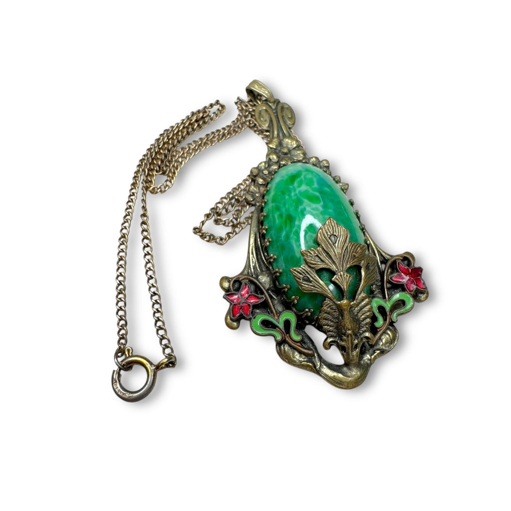 Art Deco Czech Brass Pendant Necklace Green Peking Glass 17.5 inches GF Brass