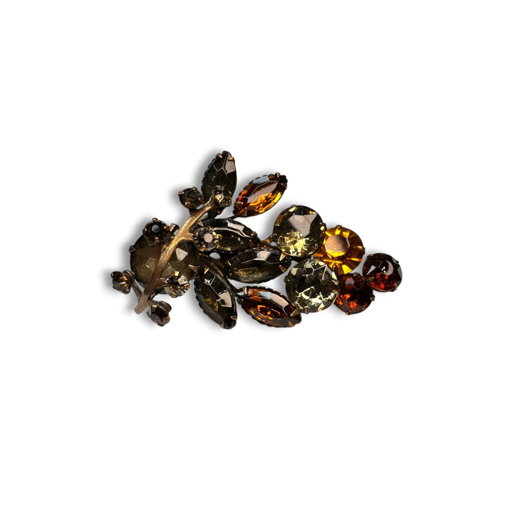 Molded Glass Rhinestone Brooch Amber Topaz Riveted UV Reactive Vintage