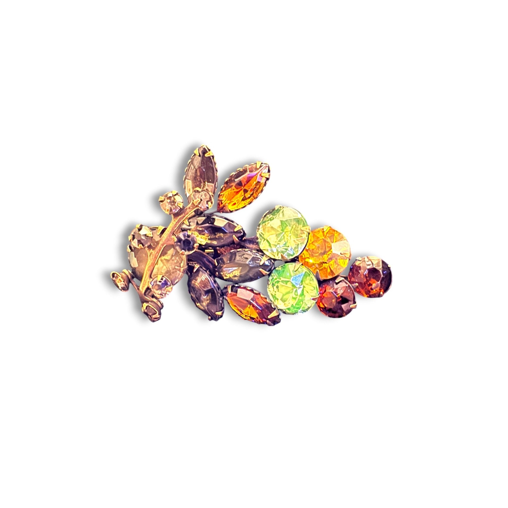 Molded Glass Rhinestone Brooch Amber Topaz Riveted UV Reactive Vintage