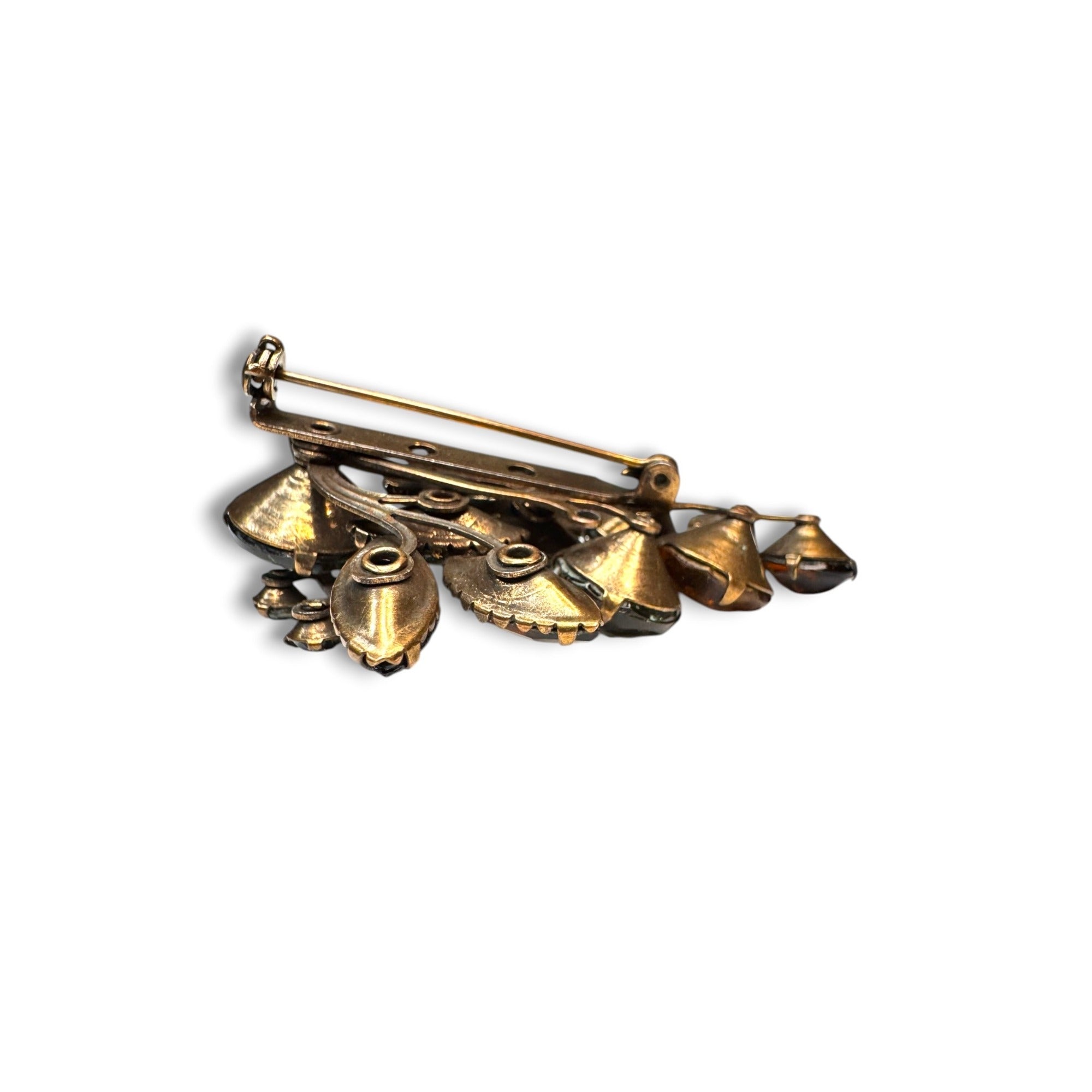 Molded Glass Rhinestone Brooch Amber Topaz Riveted UV Reactive Vintage