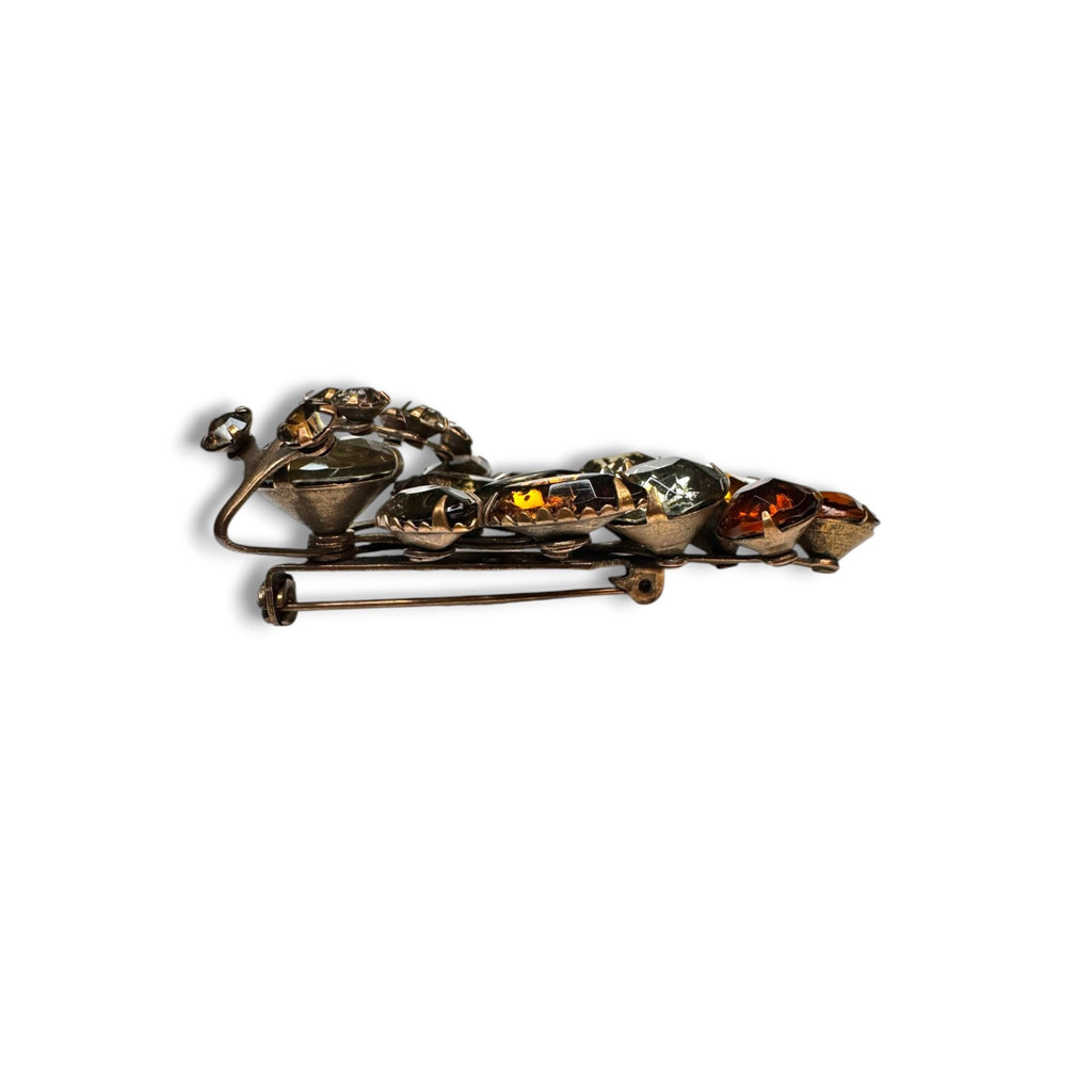 Molded Glass Rhinestone Brooch Amber Topaz Riveted UV Reactive Vintage