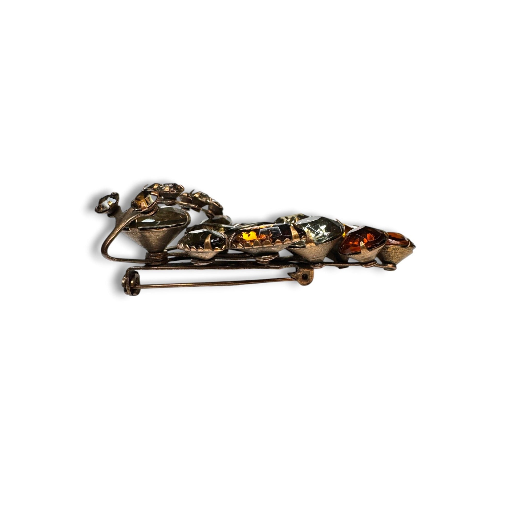 Molded Glass Rhinestone Brooch Amber Topaz Riveted UV Reactive Vintage