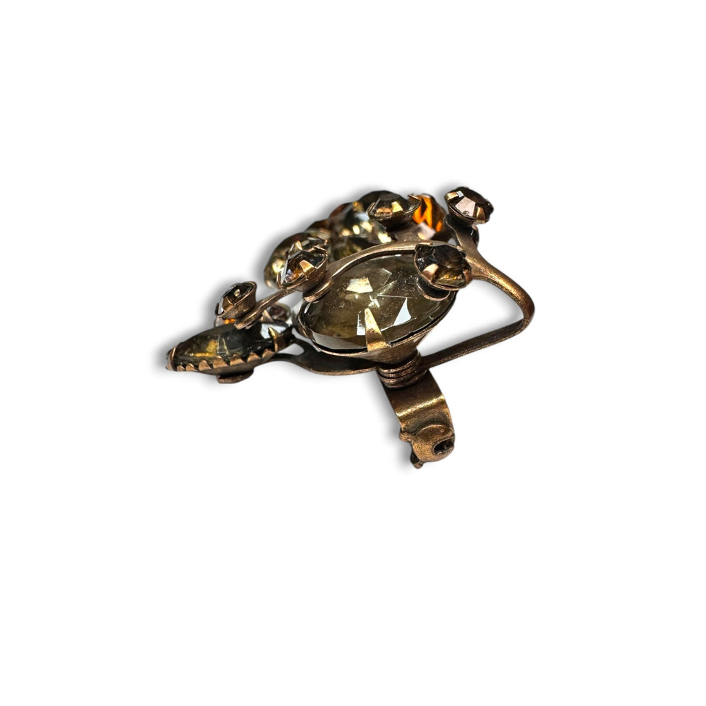 Molded Glass Rhinestone Brooch Amber Topaz Riveted UV Reactive Vintage