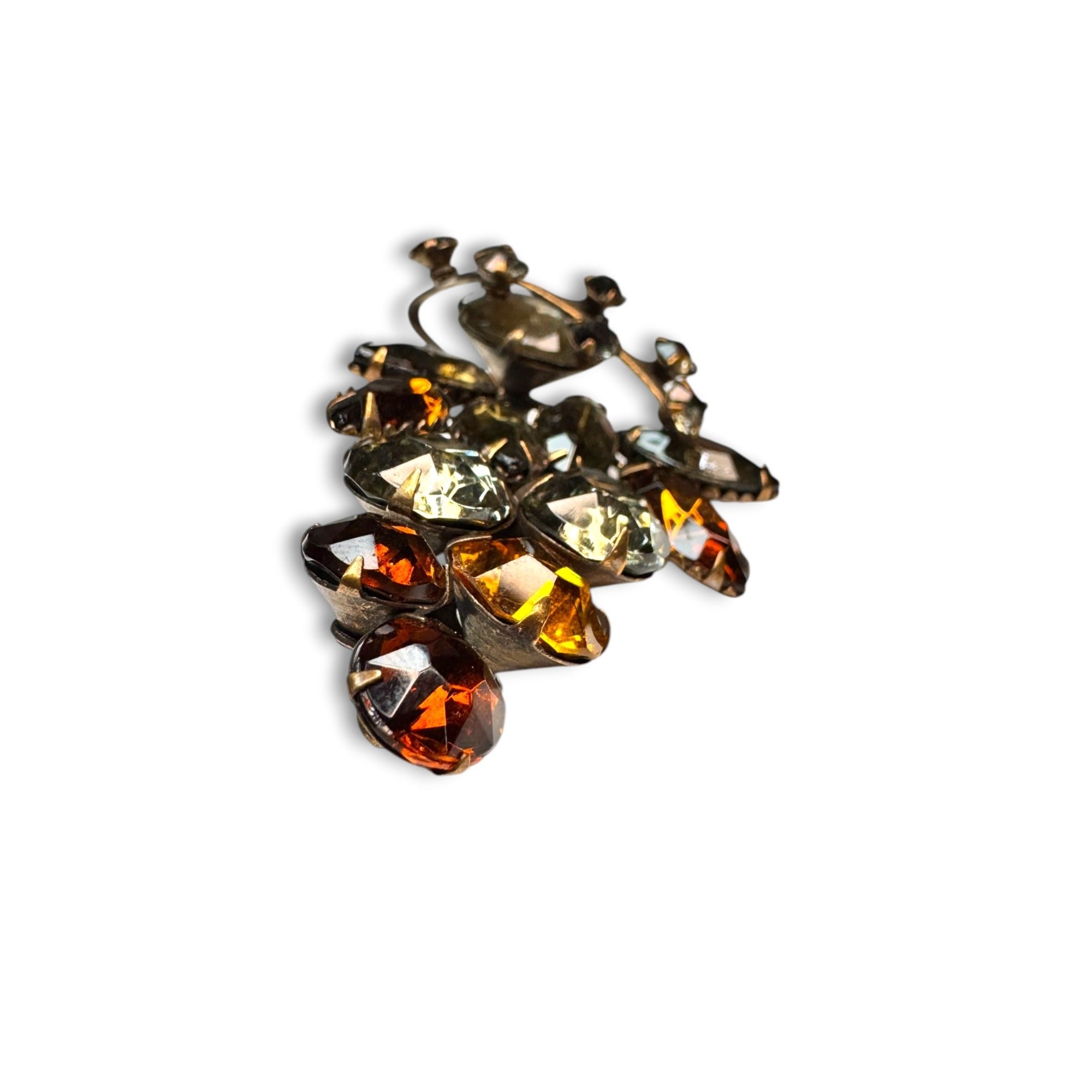 Molded Glass Rhinestone Brooch Amber Topaz Riveted UV Reactive Vintage