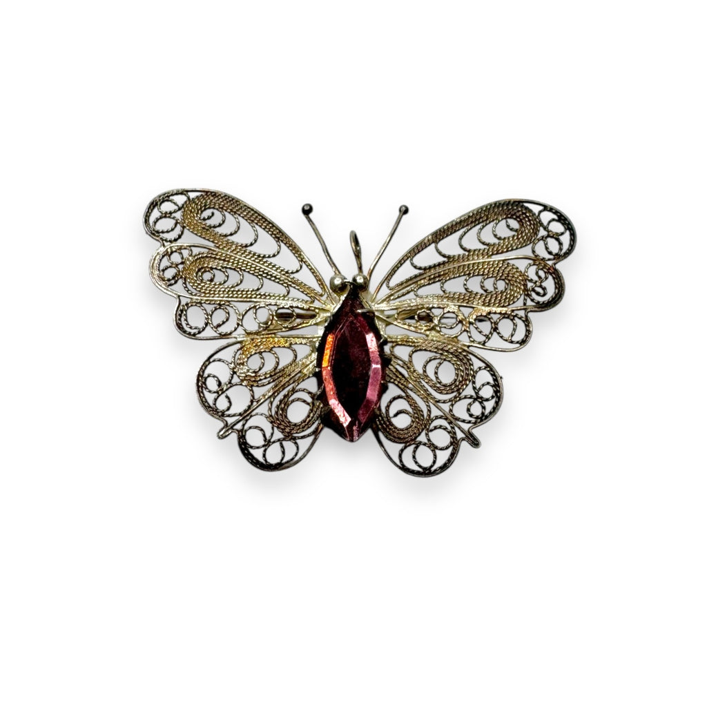 BAC Butterfly Filigree Sterling Silver Brooch Purple Crystal Vintage