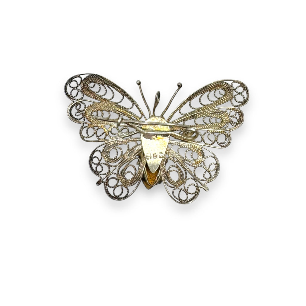 BAC Butterfly Filigree Sterling Silver Brooch Purple Crystal Vintage