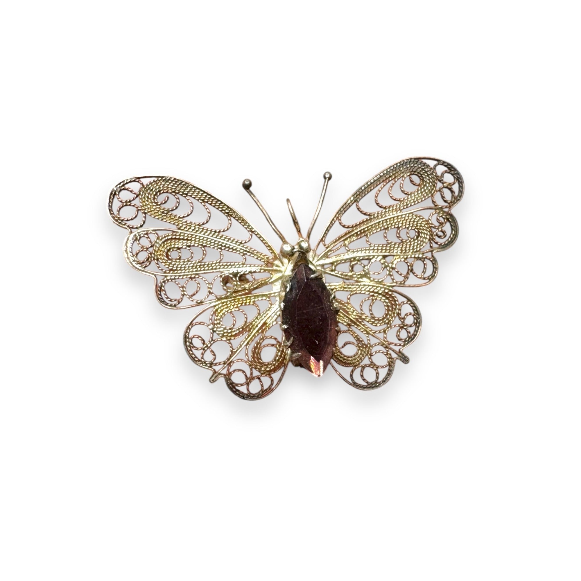 BAC Butterfly Filigree Sterling Silver Brooch Purple Crystal Vintage