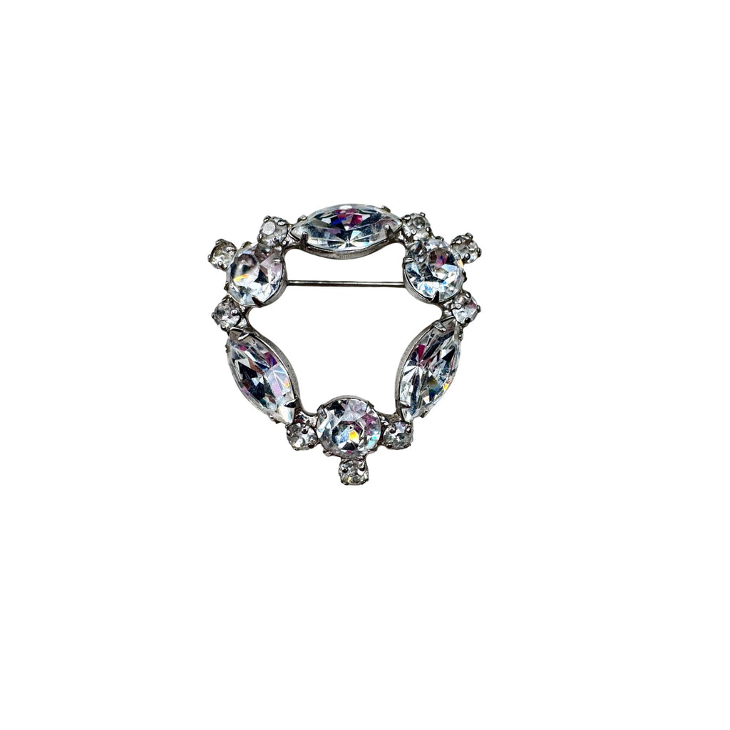 Unsigned Brooch Clear Crystal Wreath Triange Silver Tone 1950s Vintage