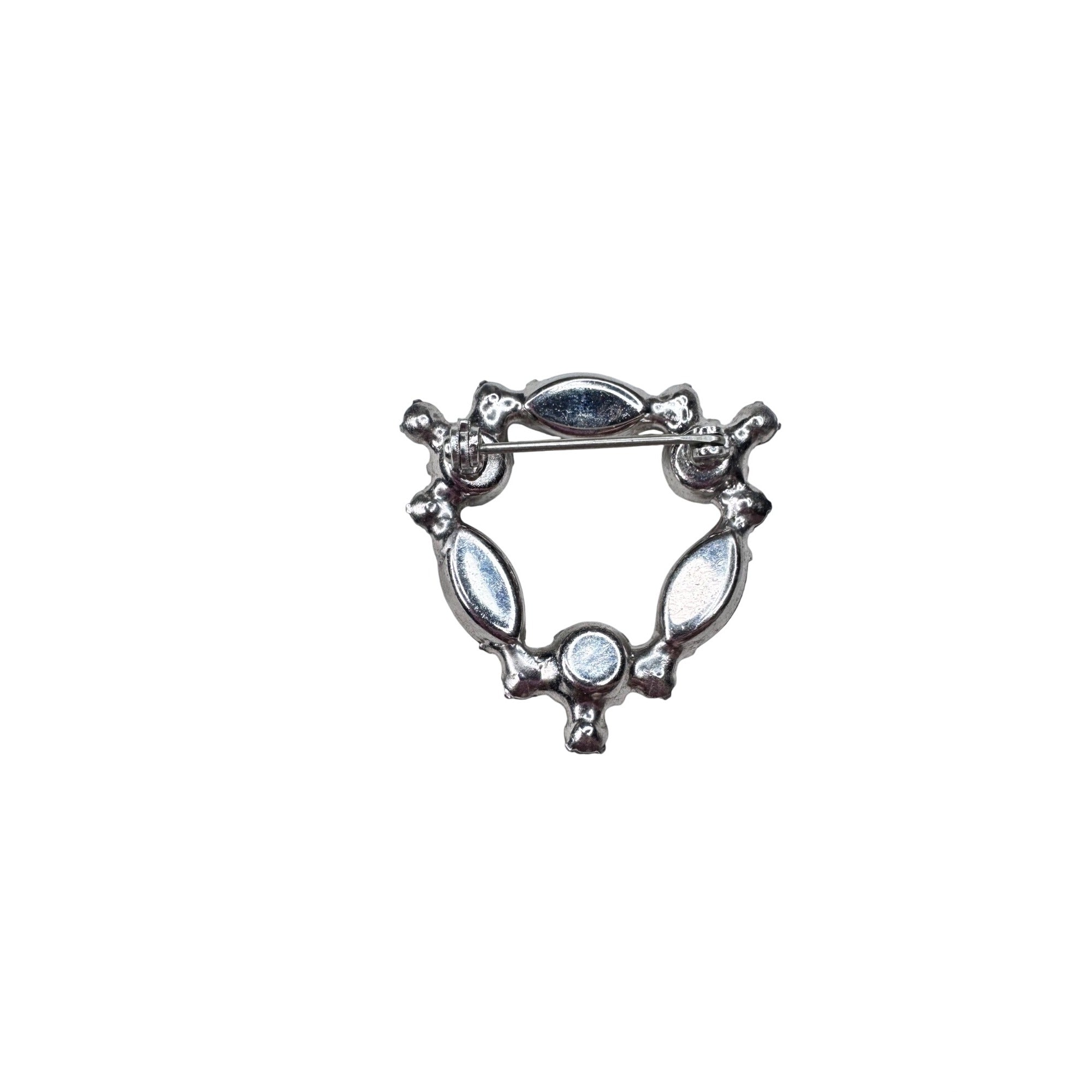 Unsigned Brooch Clear Crystal Wreath Triange Silver Tone 1950s Vintage
