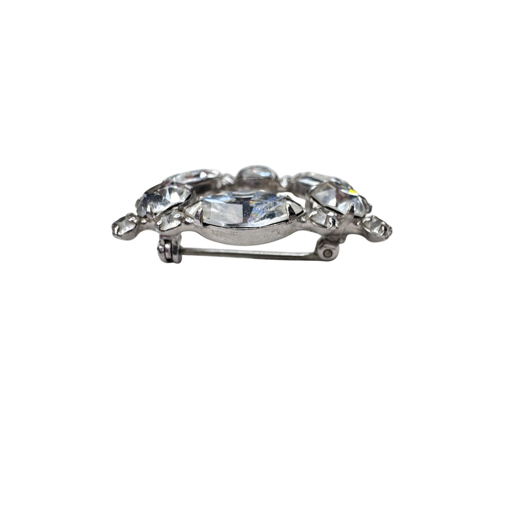 Unsigned Brooch Clear Crystal Wreath Triange Silver Tone 1950s Vintage
