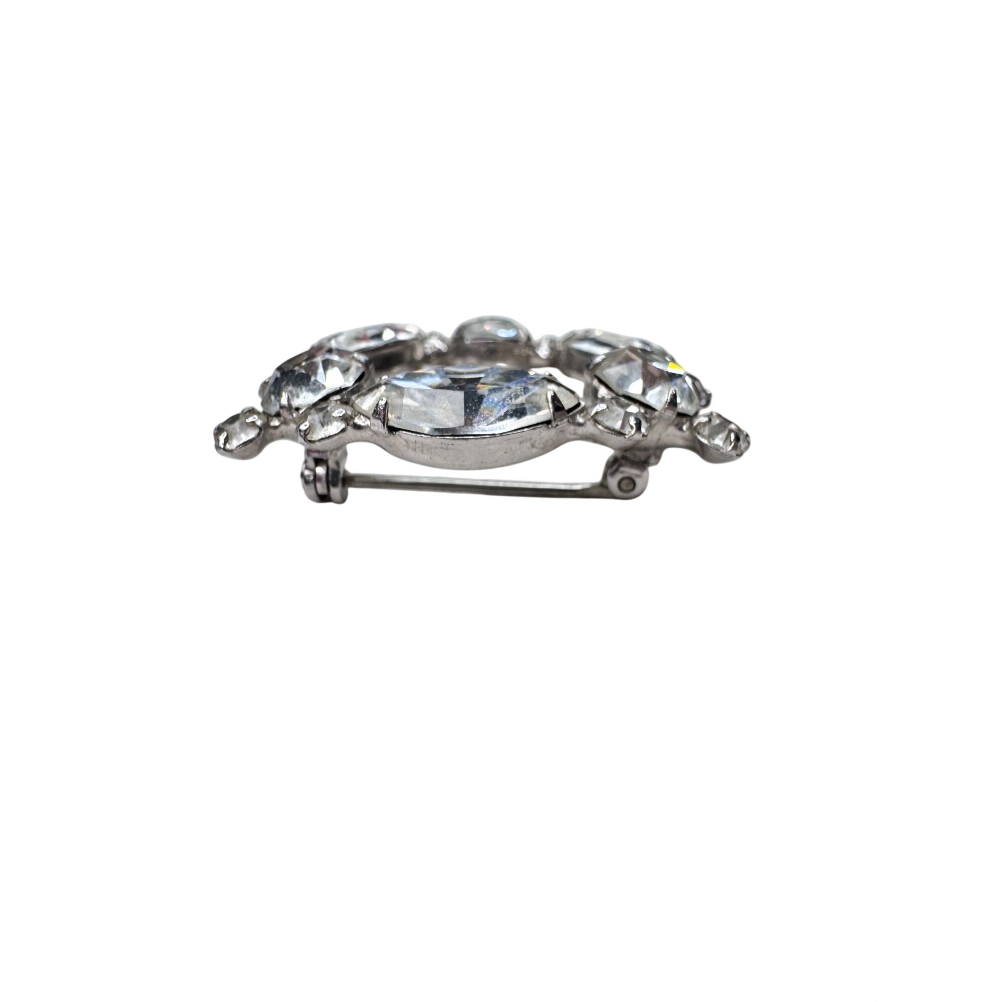 Unsigned Brooch Clear Crystal Wreath Triange Silver Tone 1950s Vintage