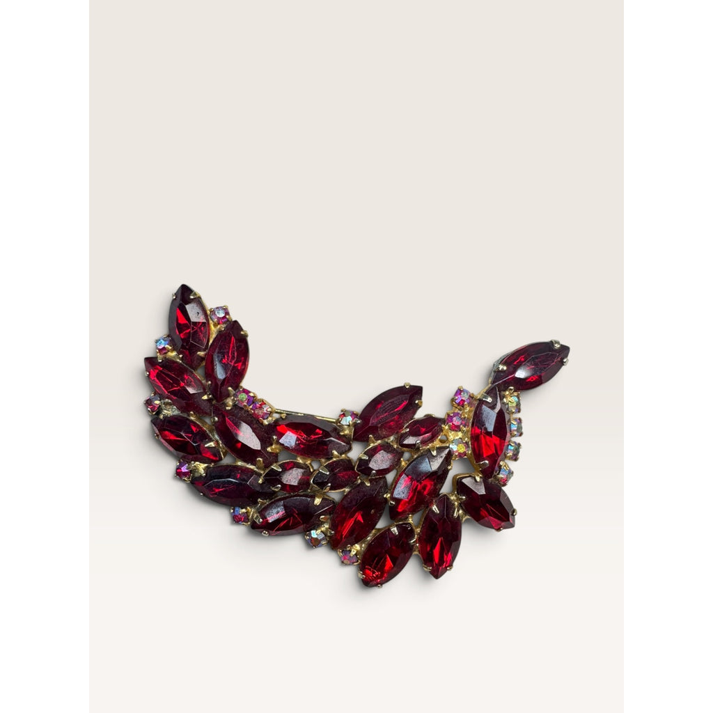1950s Ruby Red AB Rhinestone Crescent UV Glow Cadmium Brooch 2.67"