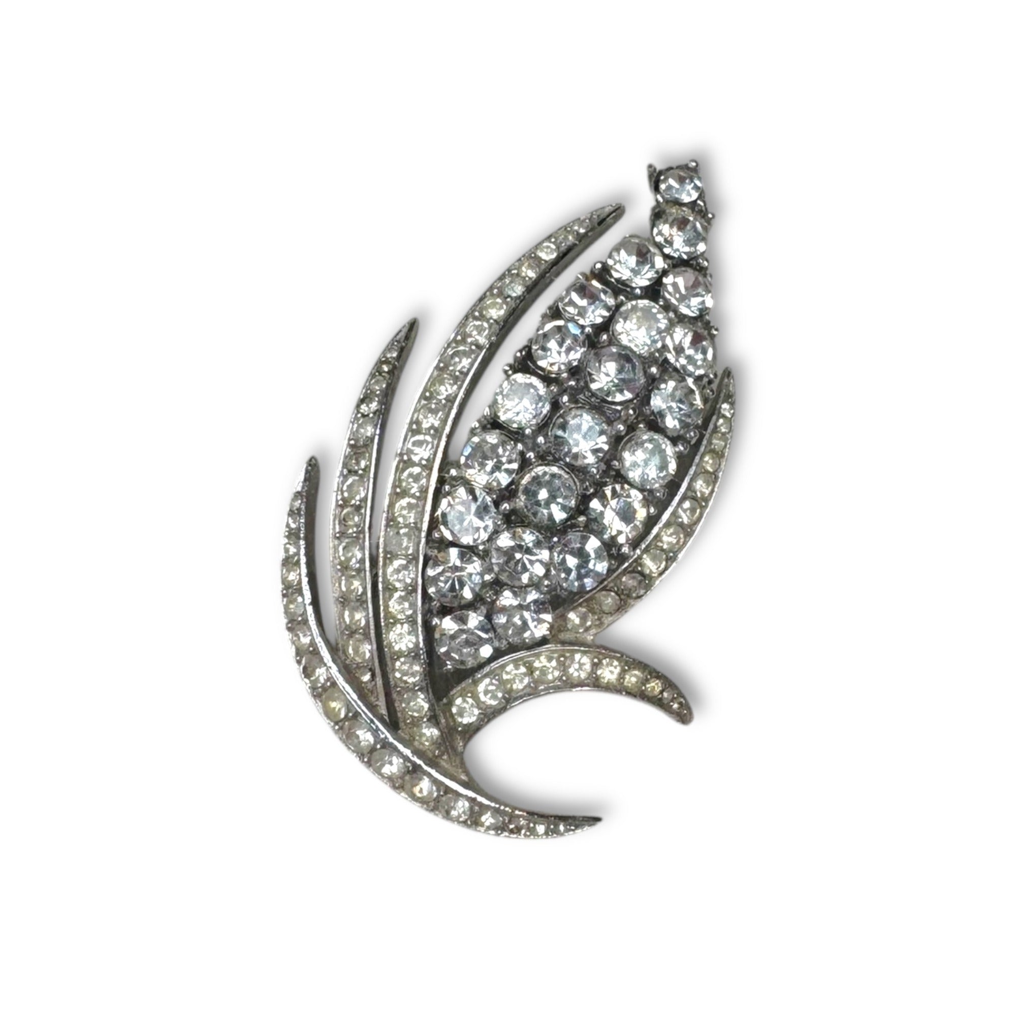 Crown Trifari Silvertone Clear Crystal Pave Corn Wheat Leaf Brooch