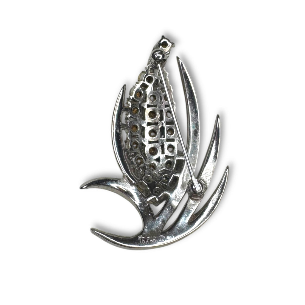 Crown Trifari Silvertone Clear Crystal Pave Corn Wheat Leaf Brooch