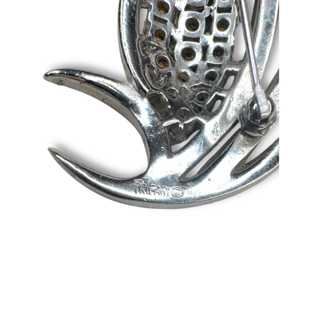 Crown Trifari Silvertone Clear Crystal Pave Corn Wheat Leaf Brooch