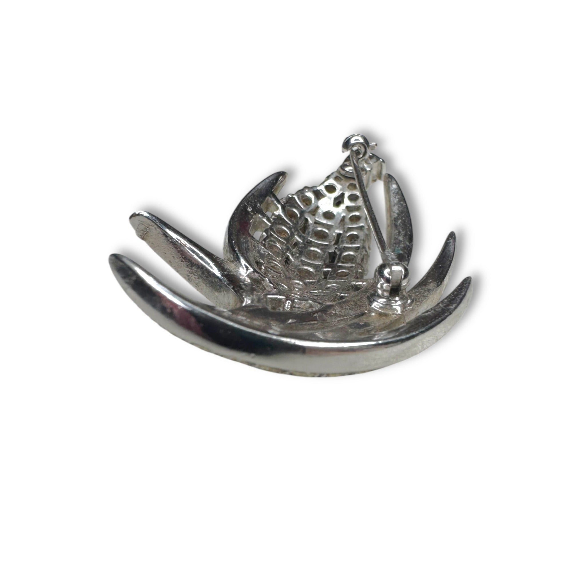 Crown Trifari Silvertone Clear Crystal Pave Corn Wheat Leaf Brooch