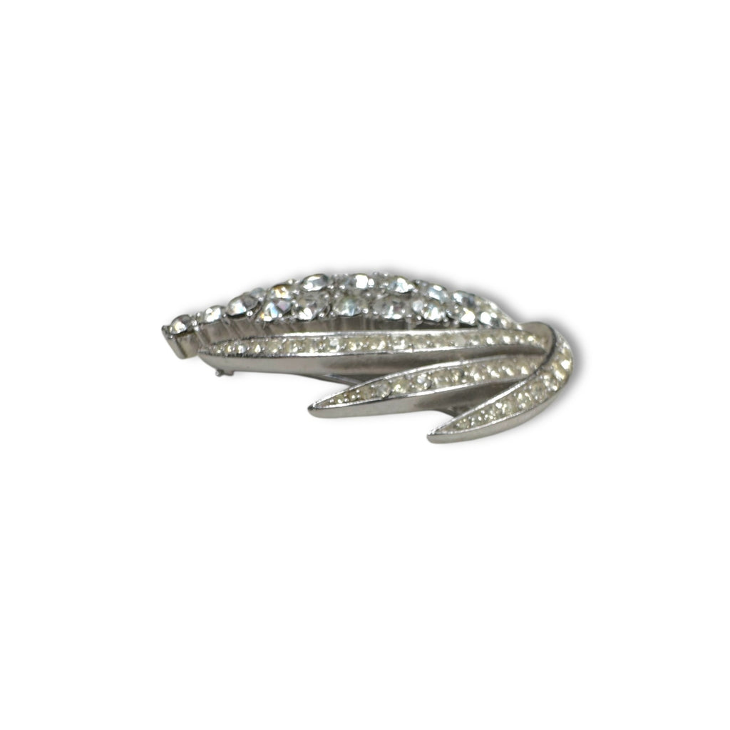 Crown Trifari Silvertone Clear Crystal Pave Corn Wheat Leaf Brooch
