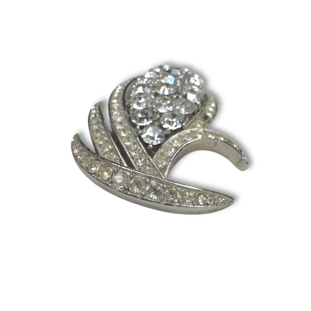 Crown Trifari Silvertone Clear Crystal Pave Corn Wheat Leaf Brooch