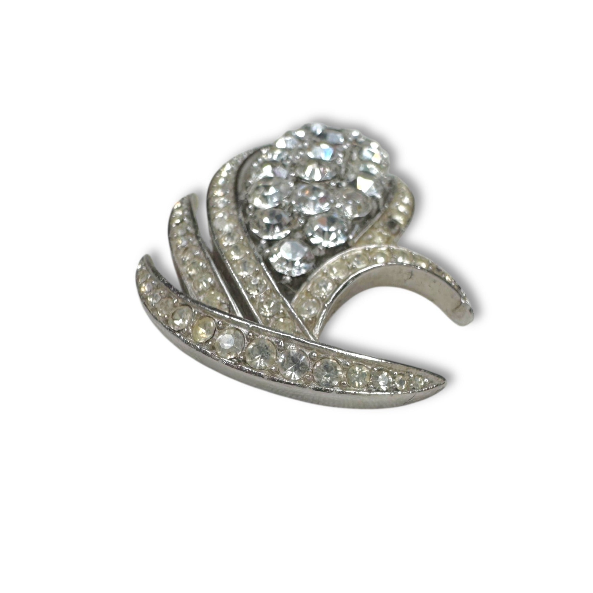 Crown Trifari Silvertone Clear Crystal Pave Corn Wheat Leaf Brooch