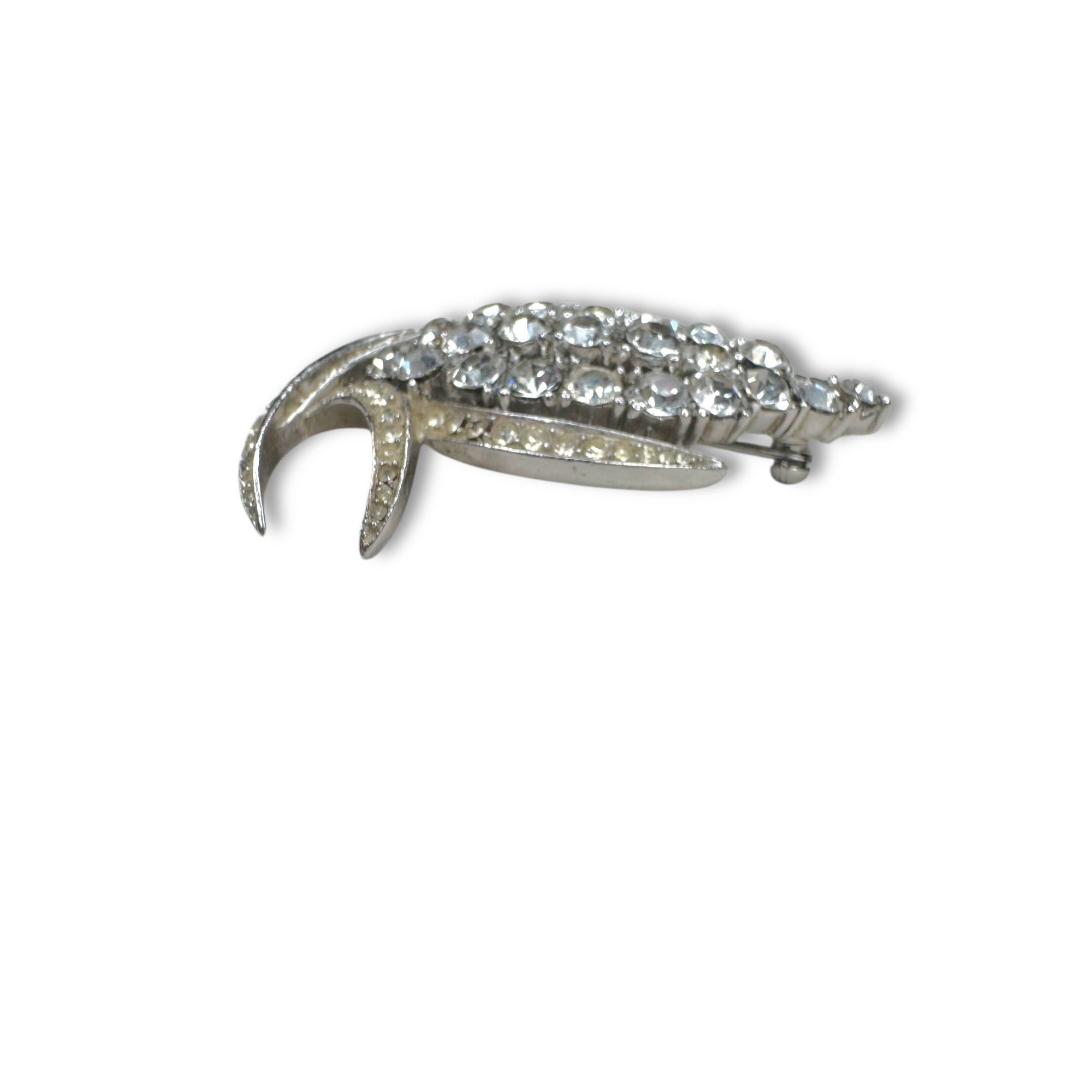 Crown Trifari Silvertone Clear Crystal Pave Corn Wheat Leaf Brooch