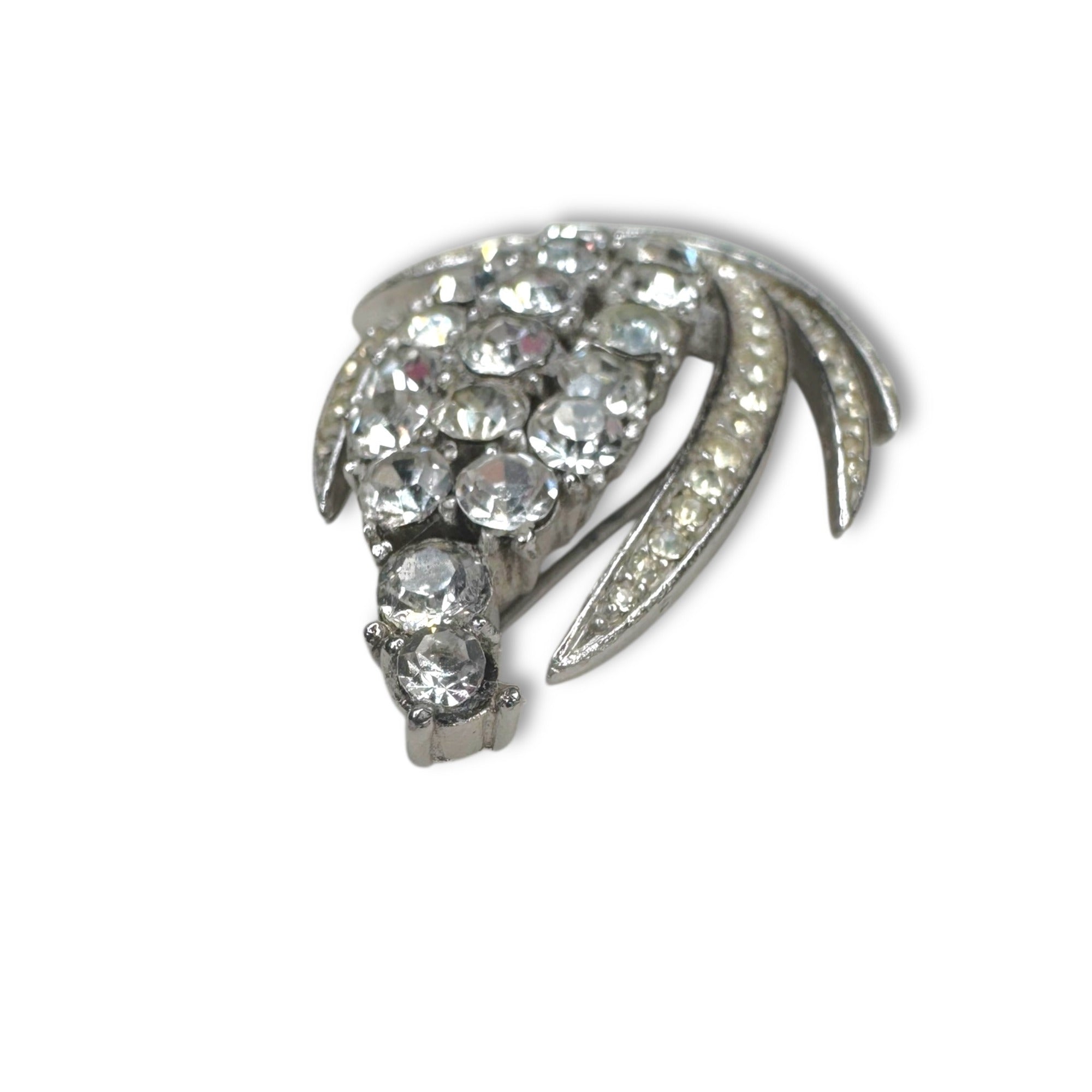 Crown Trifari Silvertone Clear Crystal Pave Corn Wheat Leaf Brooch