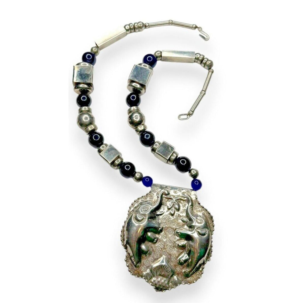 Vintage Tribal Silver Tone Statement Necklace Elephant Pendant Blue Beads 28in