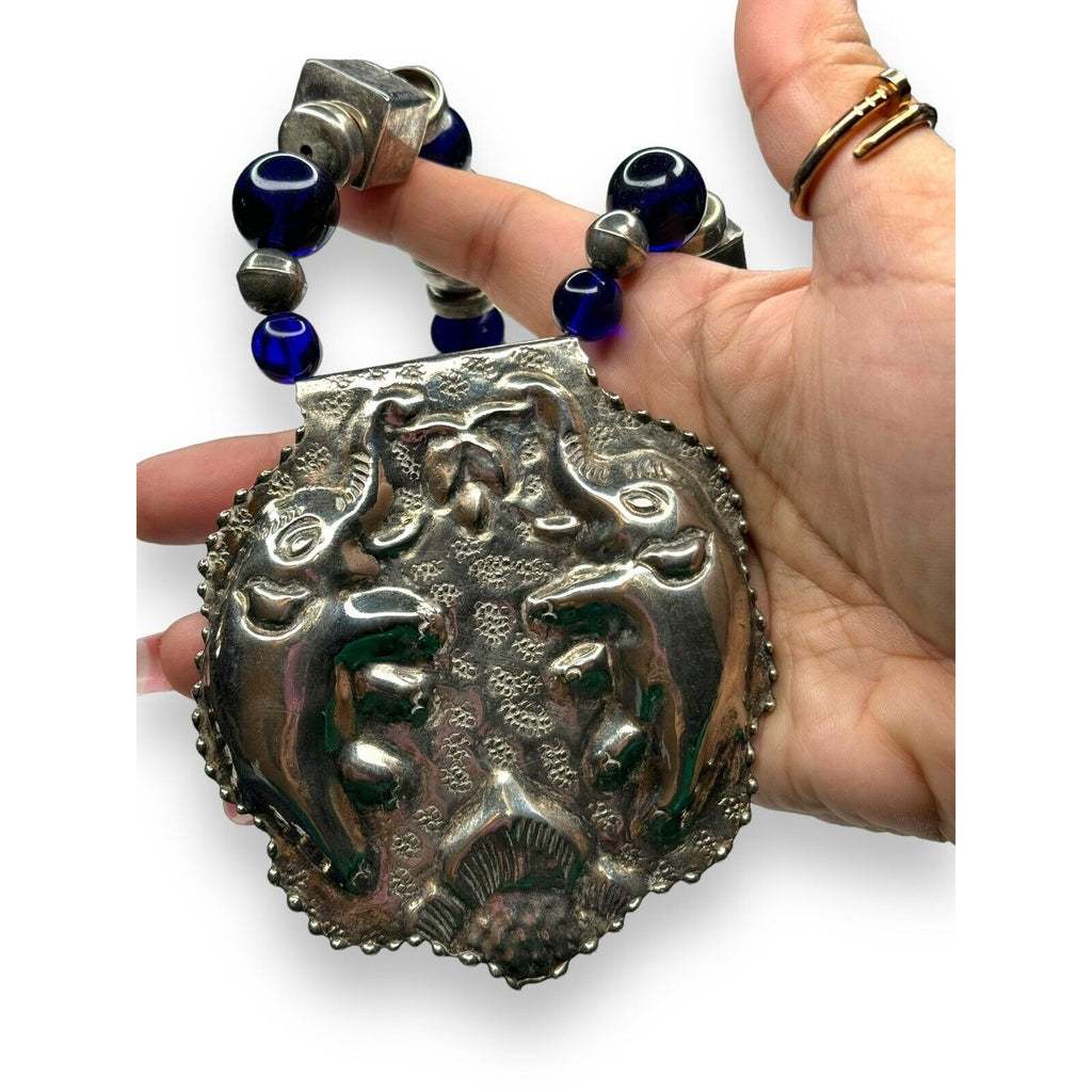 Vintage Tribal Silver Tone Statement Necklace Elephant Pendant Blue Beads 28in