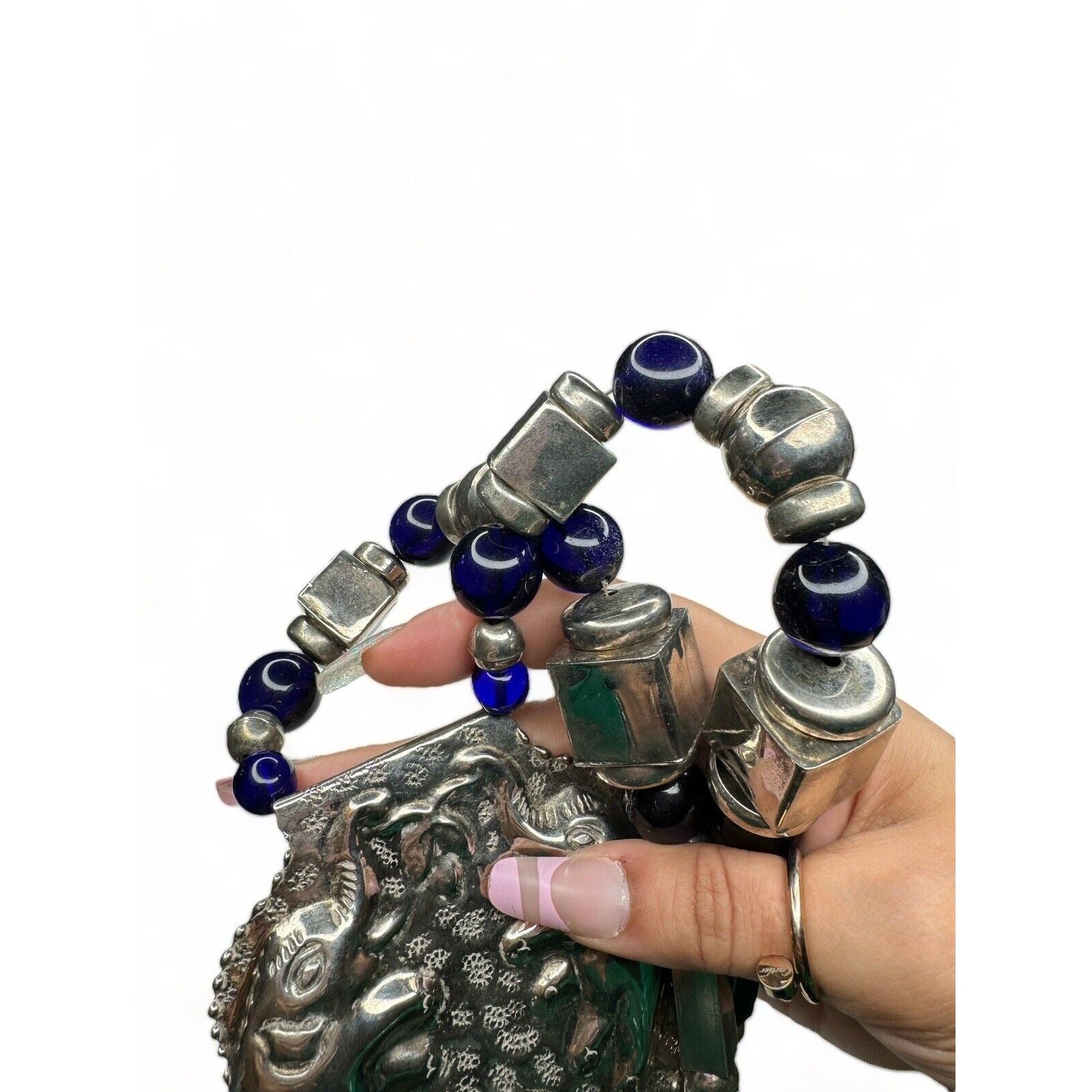 Vintage Tribal Silver Tone Statement Necklace Elephant Pendant Blue Beads 28in