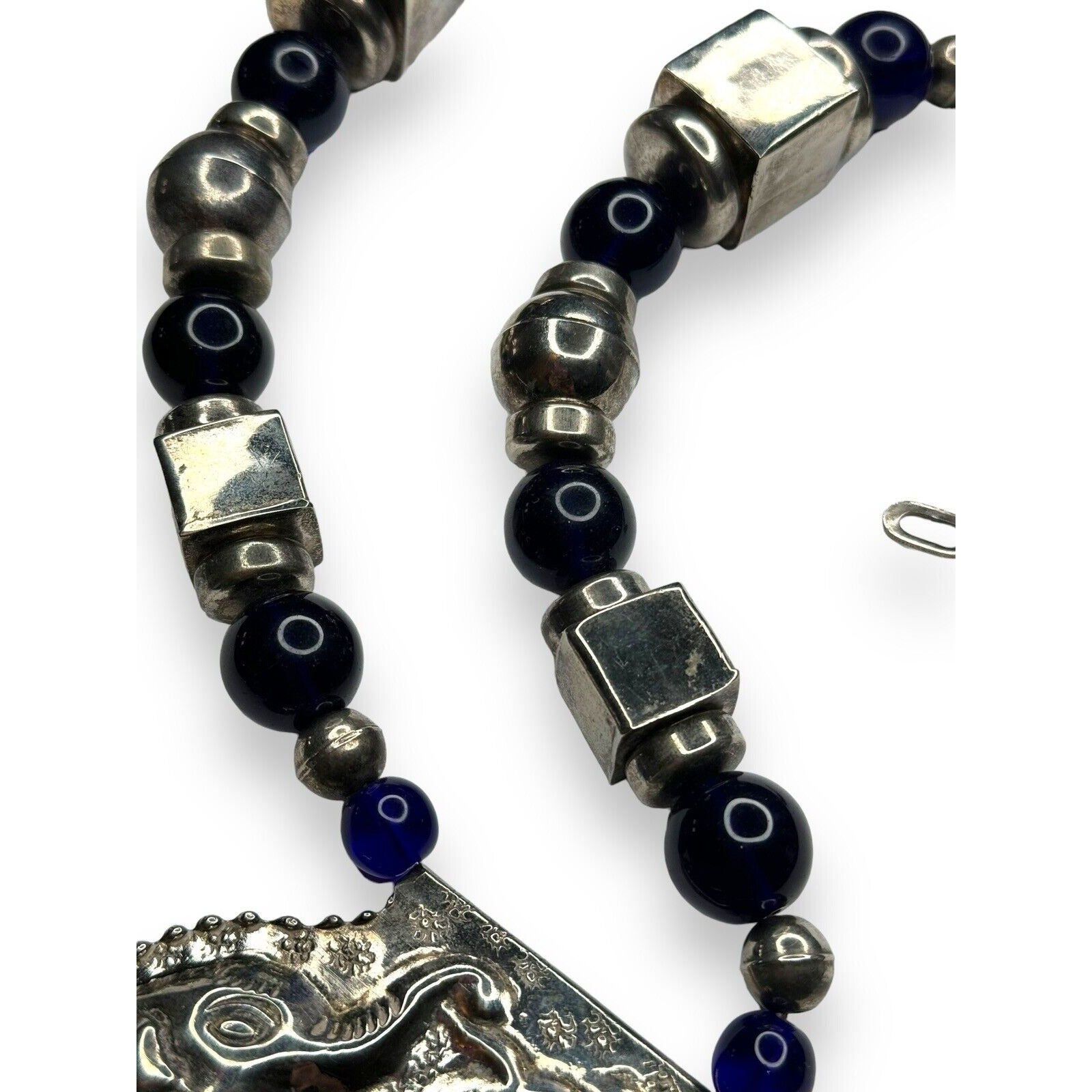 Vintage Tribal Silver Tone Statement Necklace Elephant Pendant Blue Beads 28in