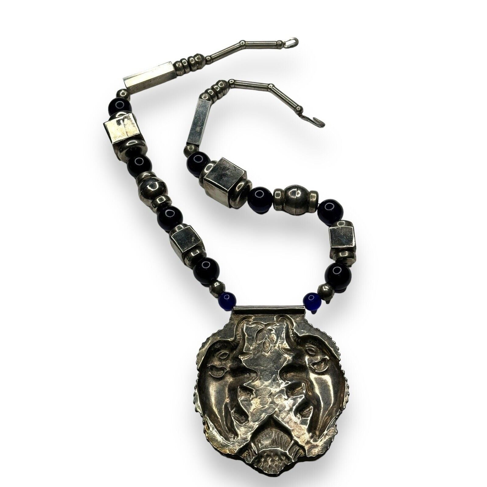Vintage Tribal Silver Tone Statement Necklace Elephant Pendant Blue Beads 28in