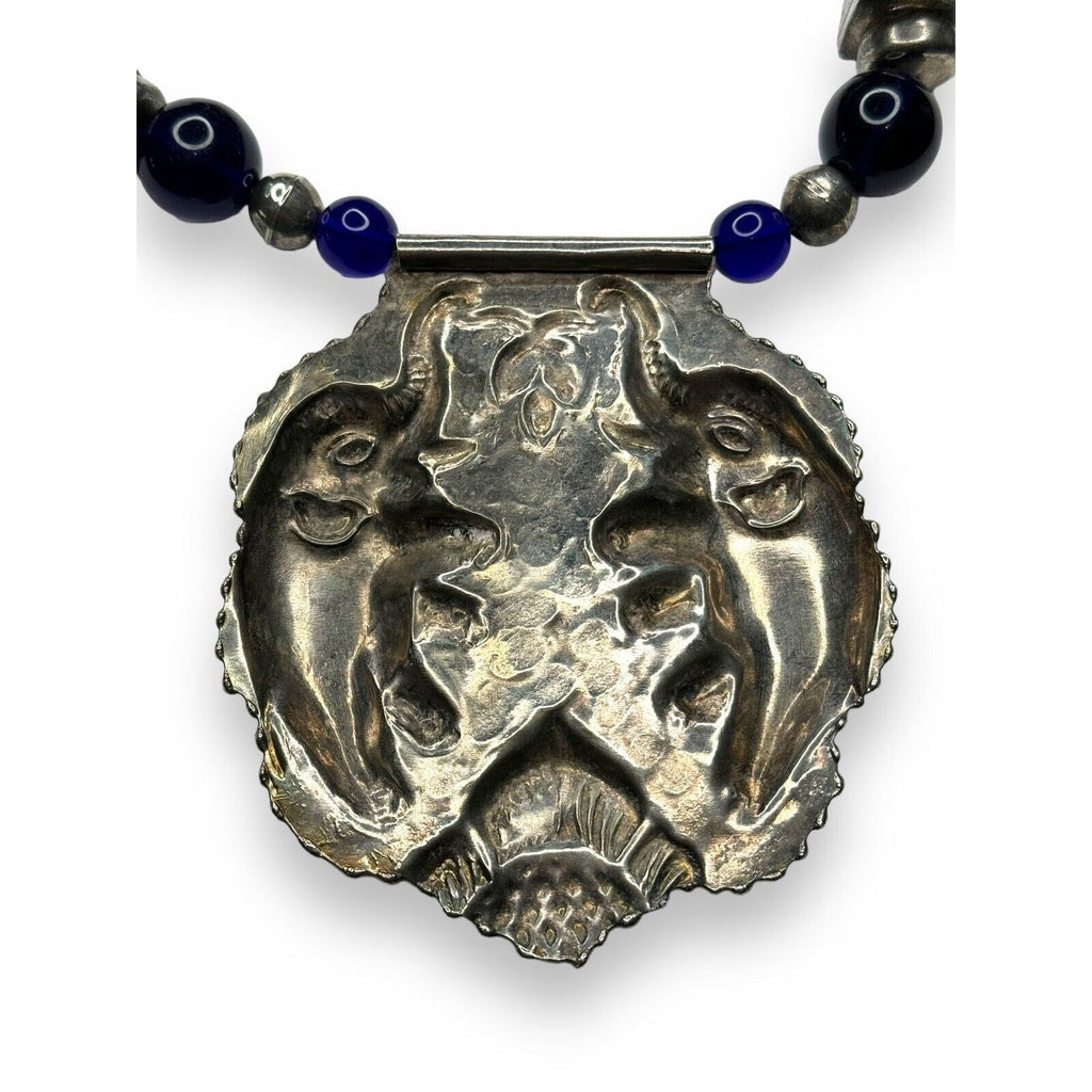 Vintage Tribal Silver Tone Statement Necklace Elephant Pendant Blue Beads 28in