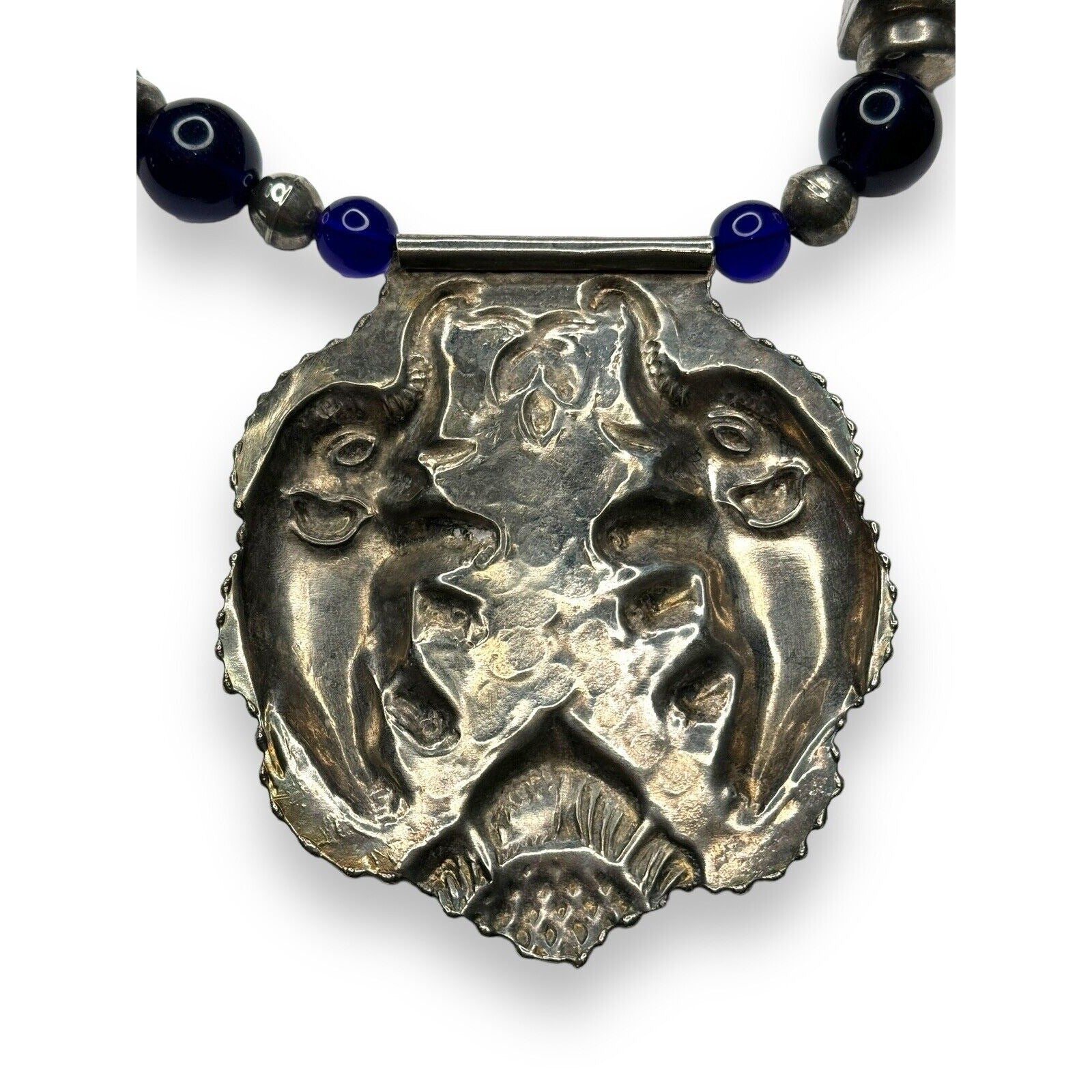 Vintage Tribal Silver Tone Statement Necklace Elephant Pendant Blue Beads 28in