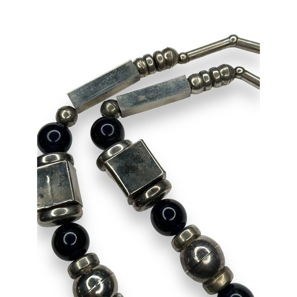 Vintage Tribal Silver Tone Statement Necklace Elephant Pendant Blue Beads 28in